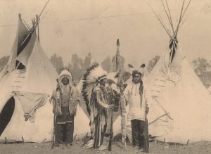 Black Foot, Standing Bear, Big Eagle, Sioux. Three members of the Sioux tribe pose in Indian Village, 1898
Boston Public Library 

